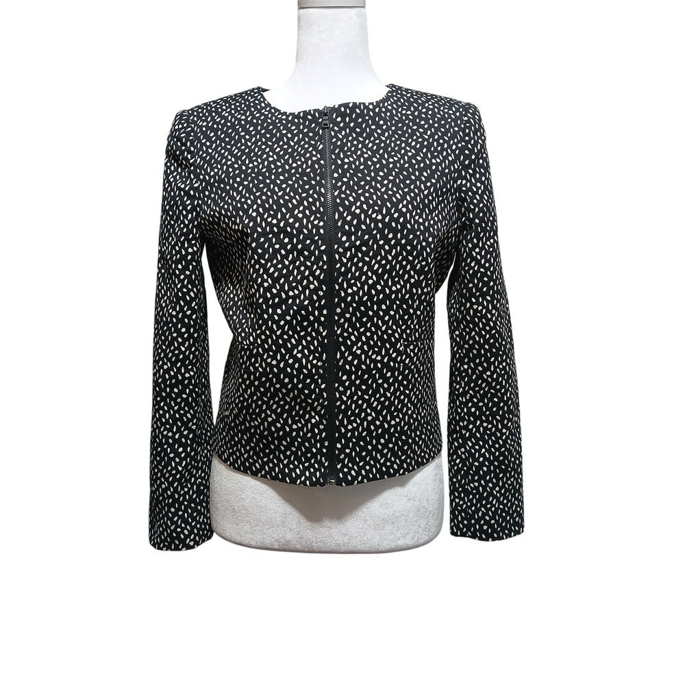 Alice + Olivia Black White Abstract Print Zip Front Collarless Jacket Blazer